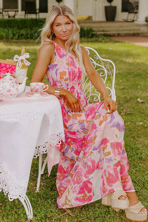 Pink Abstract Floral Print Shirred One Shoulder Maxi Dress